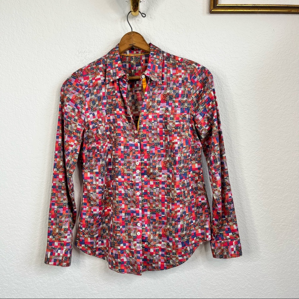 PaperWhite Plaid Floral Twig Velvet Button Blouse